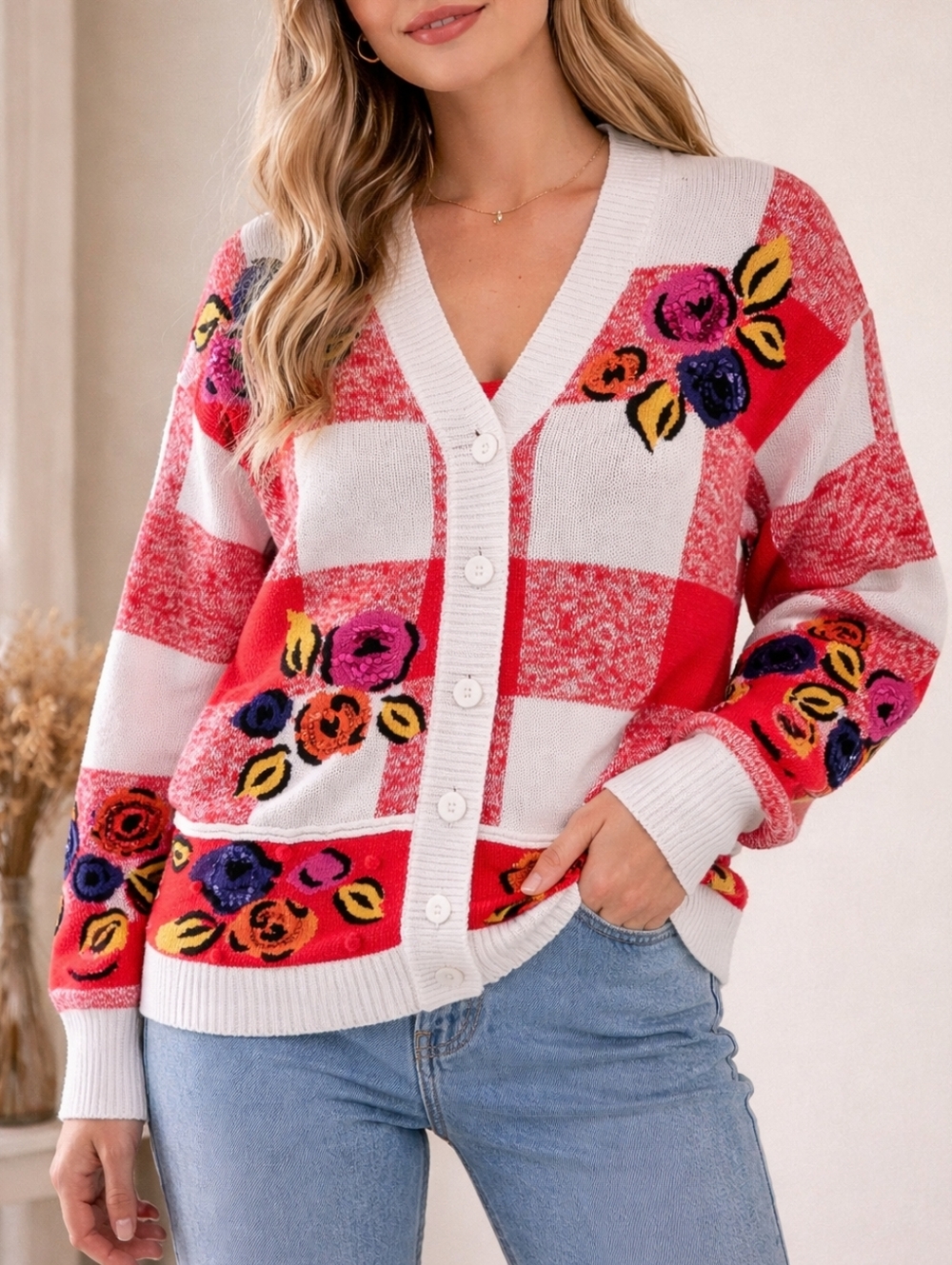 Vintage 90s Chaus Colorful Floral Cotton Ramie Knit Cardigan Sweater Cottagecore